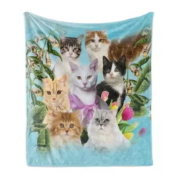 ABAKUHAUS Cat Lovers Мягкое фланелевое флисовое одеяло, Абстрактная композиция из домашних кошек Домашние кошачьи питомцы с цветущей композицией, 175 x 230 см, Разноцветные