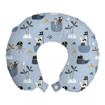 ABAKUHAUS Cat Travel Pillow Подушка для шеи, Морские существа на корабле, Пенопластовые дорожные принадлежности для самолета и автомобиля, 30x30 см, Разноцветные