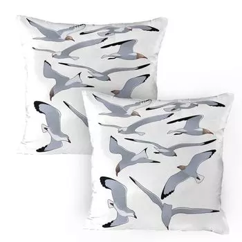 ABAKUHAUS Чехлы на подушку «Чайки», набор из 2 шт., «Чайки в полете», разные положения с мультяшными рисунками, чехлы на подушки с декоративным принтом, 80x80 см, белый черный