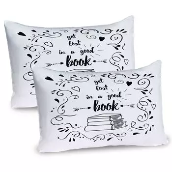 ABAKUHAUS Чехол для подушки-книги, набор из 2 шт., «Затерянные в хорошей книге» с напечатанной цитатой с нарисованным вручную цветочным узором и книжной стрелкой, Чехол для подушки с декоративным принтом, 80 x 40 см, Белый Черный