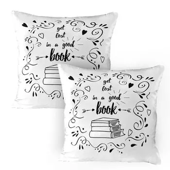 ABAKUHAUS Чехол для подушки-книги, набор из 2 шт., «Затерянные в хорошей книге» с напечатанной цитатой с нарисованным вручную цветочным узором и книжной стрелкой, Чехол для подушки с декоративным принтом, 80 x 80 см, Белый Черный