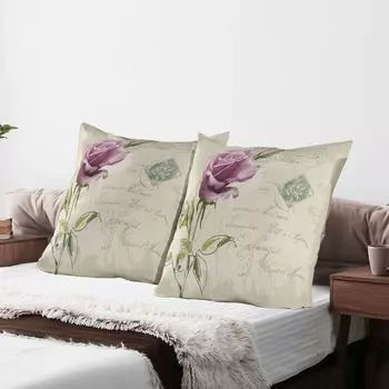 ABAKUHAUS Чехол для подушки с розами, упаковка из 2 шт., почтовые марки, открытки с нежными розами, цветами и листьями, романтический узор, чехол для подушки с декоративным принтом, 80 x 80 см, светло-коричневый, бледно-розовый, зеленый