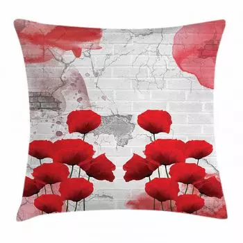 ABAKUHAUS Чехол на подушку Poppy, цветущее сельское поле, из цветной, моющейся ткани, двусторонний принт с прочной молнией, 50 x 50 см, кокосово-серый красный