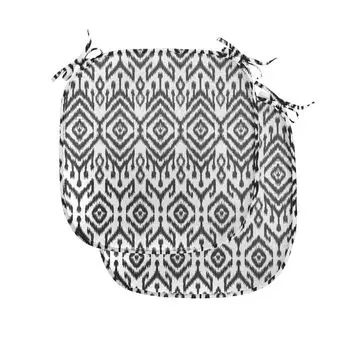 ABAKUHAUS Черно-белые подушки для обеденного стула Scribble Ikat Art Декоративная водонепроницаемая подушка с ремнями для кухонных сидений 40 см x 40 см Упаковка из 2 шт., белого и темно-серого цвета, черный