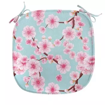 ABAKUHAUS Cherry Blossom Подушка для обеденного стула Вдохновляющая садовая декоративная водонепроницаемая подушка с ремнями для кухонных сидений 40 см x 40 см Бледно-голубой Красный цвет Розовый