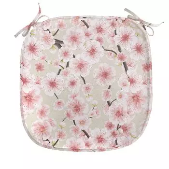 ABAKUHAUS Cherry Blossom Подушка для обеденного стула Случайный цветочный узор Декоративная водонепроницаемая подушка с ремнями для кухонных сидений 40 см x 40 см Коралловый бледно-зеленый коричневый, белый