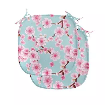 ABAKUHAUS Cherry Blossom Подушки для обеденного стула Вдохновляющие садовые декоративные водонепроницаемые подушки с ремнями для кухонных сидений 40 см x 40 см Упаковка из 2 шт. Бледно-синий Красный цвет Розовый