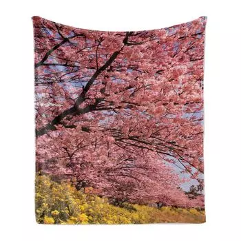 ABAKUHAUS Cherry Tree Мягкое фланелевое флисовое одеяло, цветы сакуры, японский розовый цветочный парк, весенний сад, ботанические лепестки, бутоны, 175 x 230 см, розовая фуксия