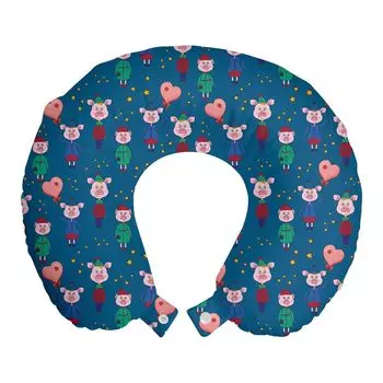 ABAKUHAUS Childish Travel Pillow Подушка для шеи, Розовые свиньи, несущие одежду, Пенопластовые дорожные принадлежности для самолета и автомобиля, 30x30 см, Разноцветные