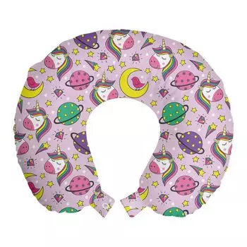 ABAKUHAUS Childish Travel Pillow Подушка для шеи, Unicorn Planet Moon Star, пенопластовый дорожный предмет для самолета и автомобиля, 30x30 см, розовый и сиреневый