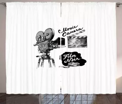 ABAKUHAUS Cinema Rustic Curtain, Camera Film Noir, универсальные ленточные шторы для гостиной с петлями и крючками, 280 x 175 см, черные и белые, черный
