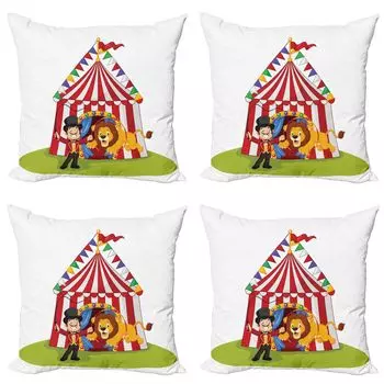 ABAKUHAUS Circus Набор чехлов для подушек (4 предмета), кольцо с мультяшным львом, современная двусторонняя цифровая печать, 60 см x 60 см, разноцветные
