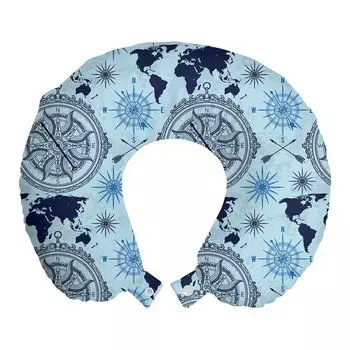 ABAKUHAUS Compass Travel Pillow Подушка для шеи, рисунок со стрелками на карте мира, пенопластовые дорожные принадлежности для самолета и автомобиля, 30x30 см, Бледно-голубой индиго
