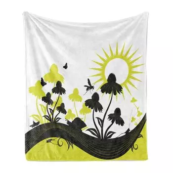 ABAKUHAUS Coneflower Мягкое фланелевое флисовое одеяло, тематическая композиция из цветов с летающими насекомыми Botany Art, 175 x 230 см, темно-серый и желто-зеленый