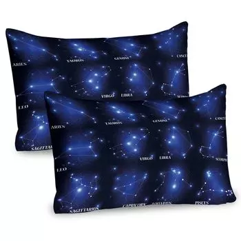 ABAKUHAUS Constellation Чехлы для подушек, набор из 2 шт., набор символов и названий знаков зодиака, эзотерическая группа звездного скопления, чехол для подушки с декоративным принтом, 80 x 40 см, темно-синий, синий, белый