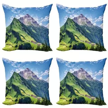 ABAKUHAUS Country Набор чехлов для подушек (4 предмета), Spring Scene Mountain, современная двусторонняя цифровая печать, 60 см x 60 см, зеленый синий