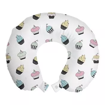ABAKUHAUS Cupcake Дорожная подушка для шеи, вкусный торт в пастельных тонах, поп-арт, пенопластовые дорожные принадлежности для самолета и автомобиля, 30x30 см, белый и разноцветный