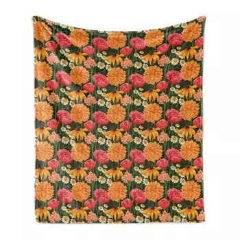 ABAKUHAUS Dahlia Мягкое фланелевое флисовое одеяло, Букеты маков и ромашек Пастельные цветущие многолетние цветы Ретро, 175 x 230 см, Темно-зеленый кораллово-красный бархатцы