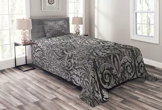 ABAKUHAUS Дамасское покрывало, классический цветочный декор, комплект с моющимися наволочками, для односпальных кроватей 170 х 220 см, серо-черный