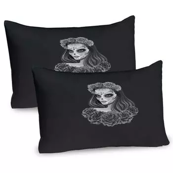 ABAKUHAUS Day of the Dead Чехлы на подушку, набор из 2 шт., готическая молодая девушка в прическе для макияжа Calavera с розами, чехол для подушки с декоративным принтом, 80 x 40 см, темно-серый, бледно-серый
