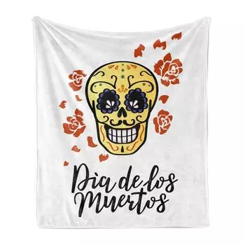 ABAKUHAUS Day of the Dead Мягкое фланелевое флисовое одеяло, череп из розового сахара и мексиканская каллиграфия, 175 x 230 см, коричная горчица, коричневый