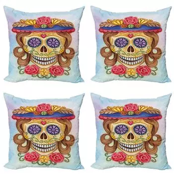 ABAKUHAUS Day of the Dead Набор чехлов на подушку (4 предмета), испанско-мексиканский, современная двусторонняя цифровая печать, 40 см x 40 см, многоцветный