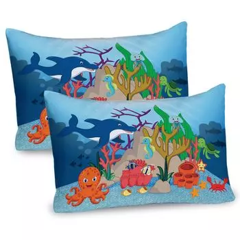 ABAKUHAUS Deep Sea Чехлы для подушек, набор из 2 шт., Happy Cartoon с дельфином, осьминогом, морским коньком, крабом, черепахой, медузой, чехол для подушки с декоративным принтом, 80 x 40 см, бледно-голубой, разноцветный