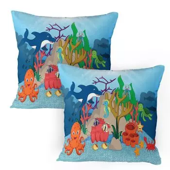 ABAKUHAUS Deep Sea Чехлы для подушек, набор из 2 шт., Happy Cartoon с дельфином, осьминогом, морским коньком, крабом, черепахой, медузой, чехол для подушки с декоративным принтом, 80x80 см, бледно-голубой, разноцветный