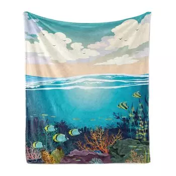 ABAKUHAUS Deep Sea Мягкое фланелевое флисовое одеяло, водная природа, нежные кучевые облака и иллюстрация подводной фауны, 175 x 230 см, морской синий и разноцветный