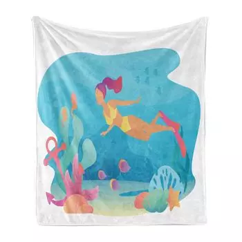 ABAKUHAUS Deep Sea Мягкое фланелевое флисовое одеяло, Vivid Water Girl Swiming, уютный плюш для использования в помещении и на открытом воздухе, 125 x 175 см, многоцветный глубокий небесно-голубой цвет