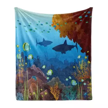 ABAKUHAUS Deep Sea Мягкое фланелевое флисовое одеяло, морская дикая рыба океана, уютный плюш для использования в помещении и на открытом воздухе, 125 x 175 см, многоцветный глубокий небесно-голубой цвет, синий