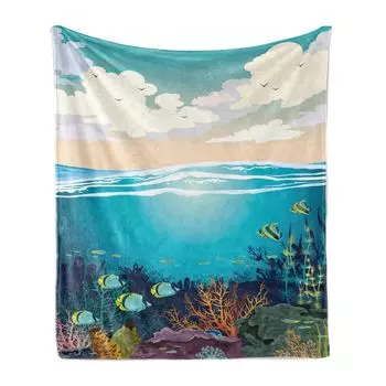 ABAKUHAUS Deep Sea Мягкое фланелевое флисовое одеяло, мягкие кучевые облака под рыбой, уютный плюш для использования в помещении и на открытом воздухе, 125 x 175 см, морской синий и разноцветный, мультиколор