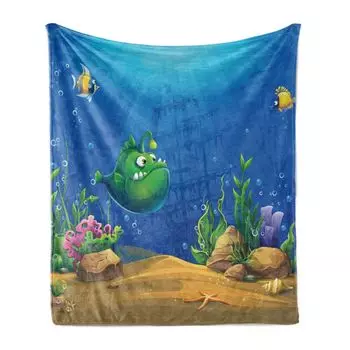 ABAKUHAUS Deep Sea Мягкое фланелевое флисовое одеяло, забавный мультяшный рыбный корабль, уютный плюш для использования в помещении и на улице, 125 x 175 см, многоцветный лазурный синий