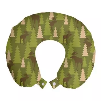 ABAKUHAUS Deer Travel Подушка для шеи, Forest Dweller Moose, Пенопластовый дорожный предмет для самолета и автомобиля, 30x30 см, Зеленый Тан-Коричневый