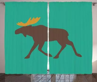 ABAKUHAUS Деревенская штора Moose, Семья оленей и рога, Универсальные ленточные шторы для гостиной с петлями и крючками, 280 x 260 см, Зелено-коричневый, зеленый