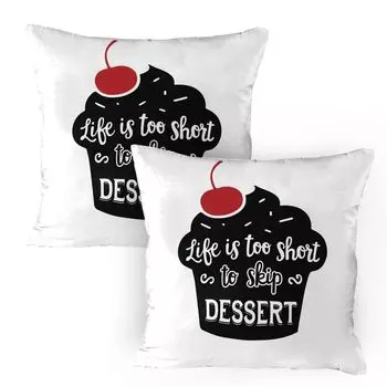 ABAKUHAUS Dessert Чехлы для подушек, набор из 2 шт., Жизнь слишком коротка, чтобы пропустить Dessert Dessert Quote Muffin Silhouette с вишней, Чехол для подушки с декоративным принтом, 80x80 см, Черный Белый Красный