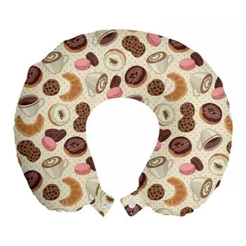 ABAKUHAUS Dessert Travel Pillow Подушка для шеи, пончики и кофейное искусство, пенопластовые дорожные принадлежности для самолета и автомобиля, 30x30 см, Светло-Розовый Коричневый Кремовый