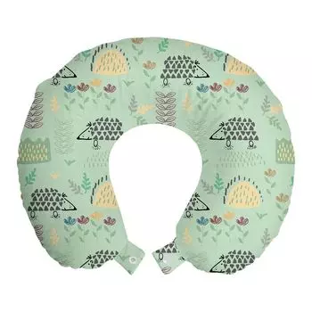 ABAKUHAUS Детская дорожная подушка для шеи, Hedgehog Forest Herbs Art, Пенопластовые дорожные принадлежности для самолета и автомобиля, 30x30 см, Мятно-зеленый Серо-персиковый