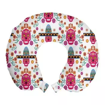ABAKUHAUS Dia De Los Muertos Дорожная подушка для шеи, черепа сомбреро, пенопластовые дорожные принадлежности для самолета и автомобиля, 30x30 см, разноцветные
