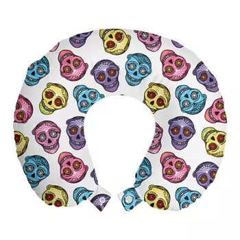 ABAKUHAUS Dia De Los Muertos Дорожная подушка для шеи, разноцветные черепа, пенопластовые дорожные принадлежности для самолета и автомобиля, 30x30 см, разноцветные
