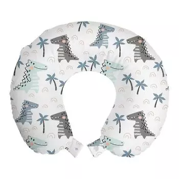 ABAKUHAUS Dino Travel Pillow Подушка для шеи, Ритмический мультфильм динозавров, Пенопластовый дорожный предмет для самолета и автомобиля, 30x30 см, Белый многоцветный