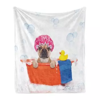 ABAKUHAUS Dog Lovers Мягкое фланелевое флисовое одеяло, «Собака с ванной», уютный плюш для использования в помещении и на улице, 125 x 175 см, разноцветное