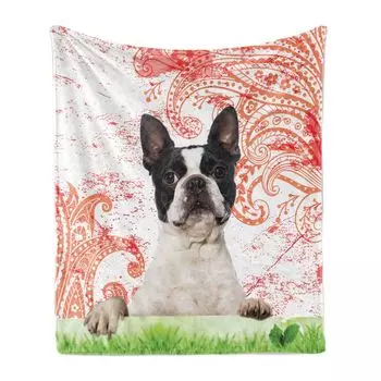ABAKUHAUS Dog Lovers Мягкое фланелевое флисовое одеяло, счастливое домашнее животное на завитках и завитках на фоне, винтажные элементы, детальный мотив, 175 x 230 см, многоцветный