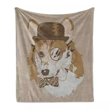 ABAKUHAUS Dog Lovers Мягкое фланелевое флисовое одеяло, очаровательный корги с забавным нарядным галстуком-бабочкой и моноклем в винтажном стиле, 175 x 230 см, разноцветный