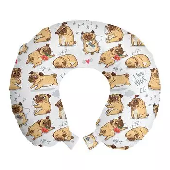 ABAKUHAUS Dog Lovers Travel Pillow Подушка для шеи, забавные мультяшные юмористические мопсы, пенопластовые дорожные принадлежности для самолета и автомобиля, 30x30 см, пастельно-коричневый, сине-серый
