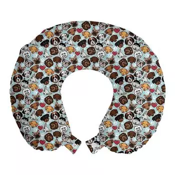 ABAKUHAUS Dog Lovers Travel Pillow Подушка для шеи, Canine Breeds Love, пенопластовые дорожные принадлежности для самолета и автомобиля, 30x30 см, разноцветные