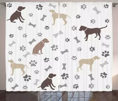 ABAKUHAUS Dog Lovers Занавеска в деревенском стиле, принт лапы и кости, ленточная занавеска с рюшами для спальни, петлями и крючками, 280 x 260 см, бежевый, умбра, коричневый, серый