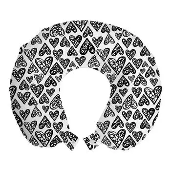 ABAKUHAUS Doodle Дорожная подушка для шеи, романтический узор в виде сердечек, пенопластовые дорожные принадлежности для самолета и автомобиля, 30x30 см, черный и белый
