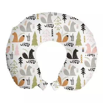ABAKUHAUS Doodle Travel Pillow Поддержка шеи, Squirrel Trees Woodland, Пенопластовые дорожные принадлежности для самолета и автомобиля, 30x30 см, Разноцветные