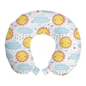ABAKUHAUS Doodle Travel Pillow Поддержка шеи, Sun Rainy Clouds Art, Пенопластовые дорожные принадлежности для самолета и автомобиля, 30x30 см, Белый Многоцветный